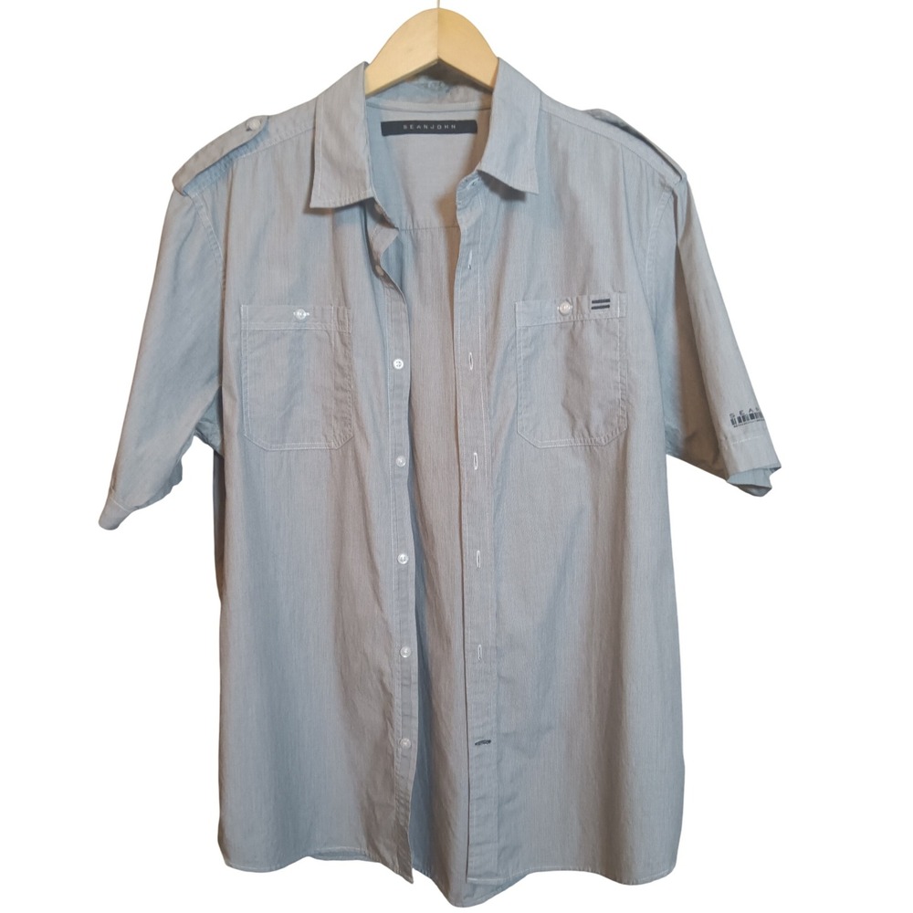 Sean John Men' Gray Pinstripe Short Sleeve Button Up Casual Shirt Y2K - Picture 2 of 9